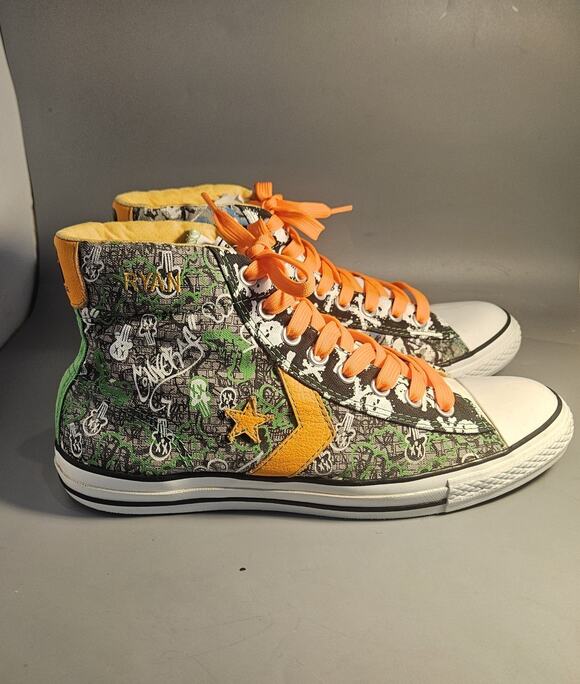 Converse Other - Converse Hi Top Shoes Orange, Green White Skull/guitar graphics M Sz 10.5 "Ryan"